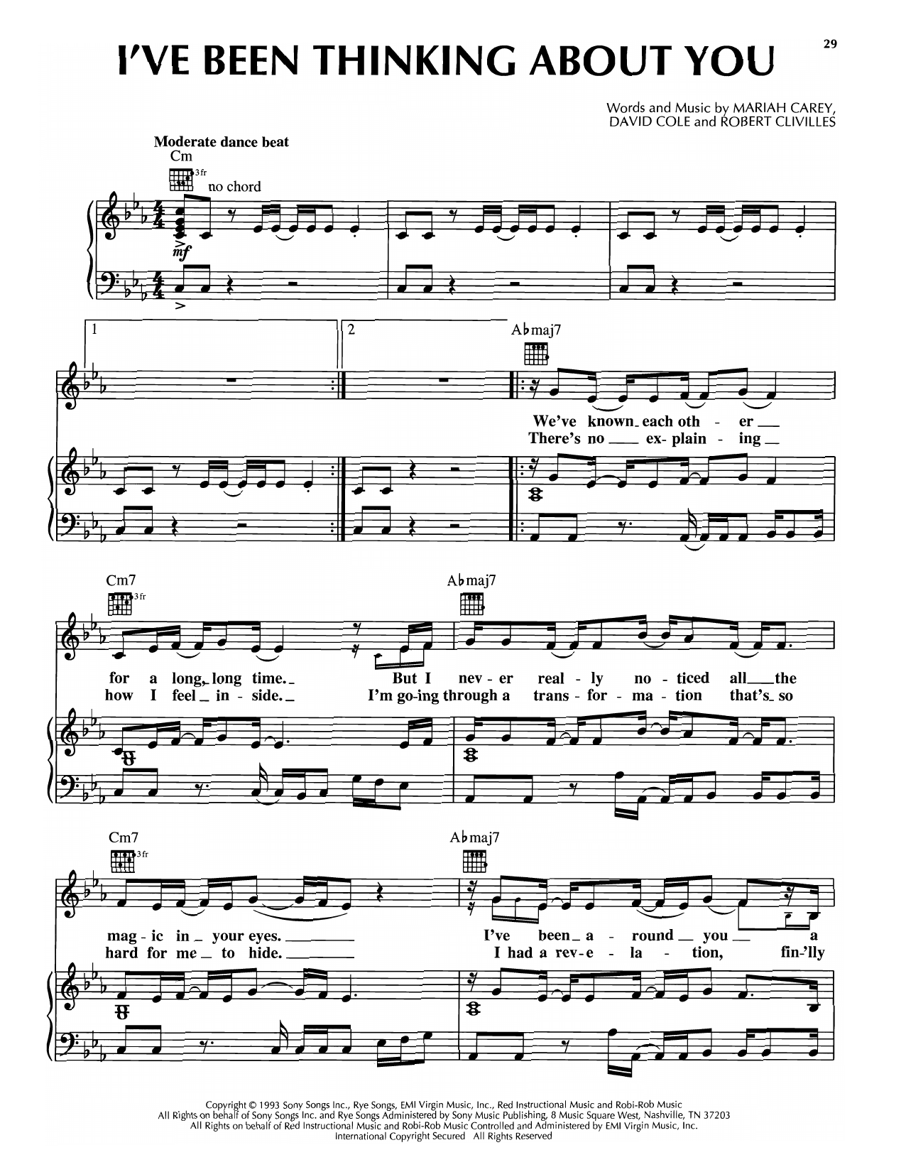 Learn to play Mariah Carey I've Been Thinking About You sheet music for Piano, Vocal & Guitar Chords (Right-Hand Melody) in minutes. Price: 7.8900$ Mariah Carey I've Been Thinking About You sheet music notes and chords arranged for Piano, Vocal & Guitar Chords (Right-Hand Melody)