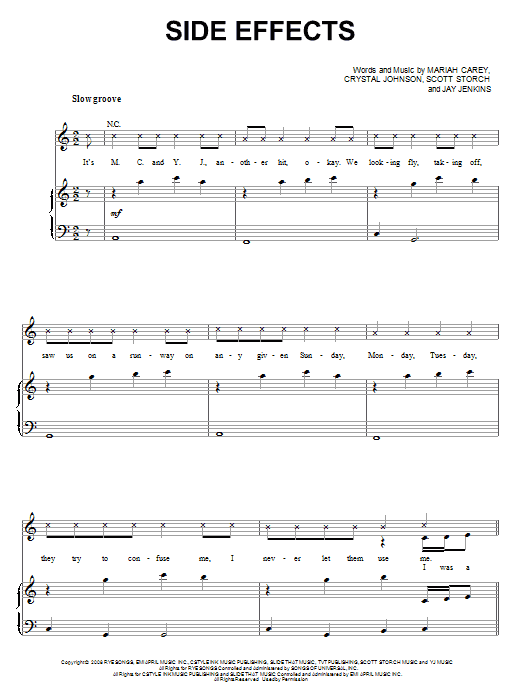 Learn to play Mariah Carey Side Effects sheet music for Piano, Vocal & Guitar Chords (Right-Hand Melody) in minutes. Price: 7.8900$ Mariah Carey Side Effects sheet music notes and chords arranged for Piano, Vocal & Guitar Chords (Right-Hand Melody)
