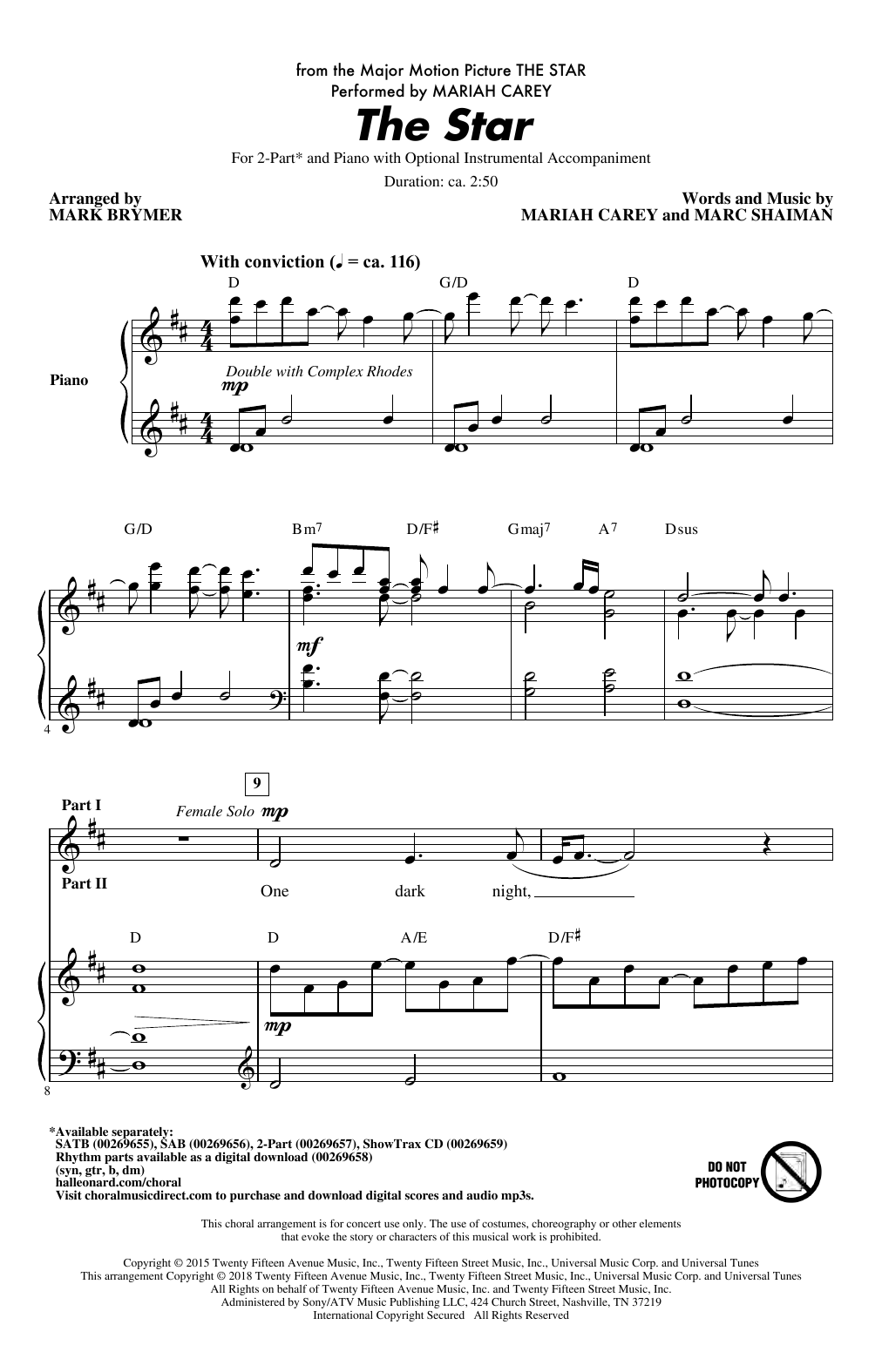 Mariah Carey The Star (arr. Mark Brymer) sheet music notes and chords. Download Printable PDF.