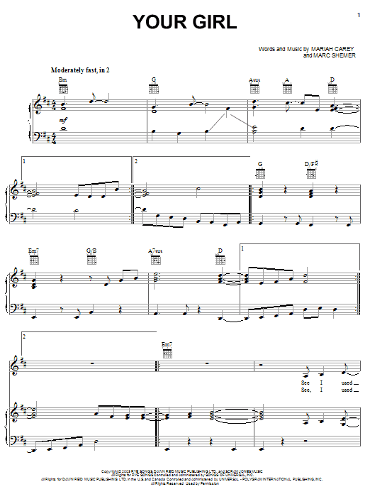 Mariah Carey Your Girl sheet music notes and chords arranged for Piano, Vocal & Guitar Chords (Right-Hand Melody)