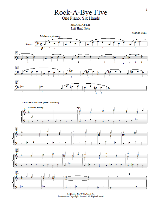 Learn to play Marian Hall Rock-A-Bye Five sheet music for Piano Duet in minutes. Price: 7.8900$ Marian Hall Rock-A-Bye Five sheet music notes and chords arranged for Piano Duet