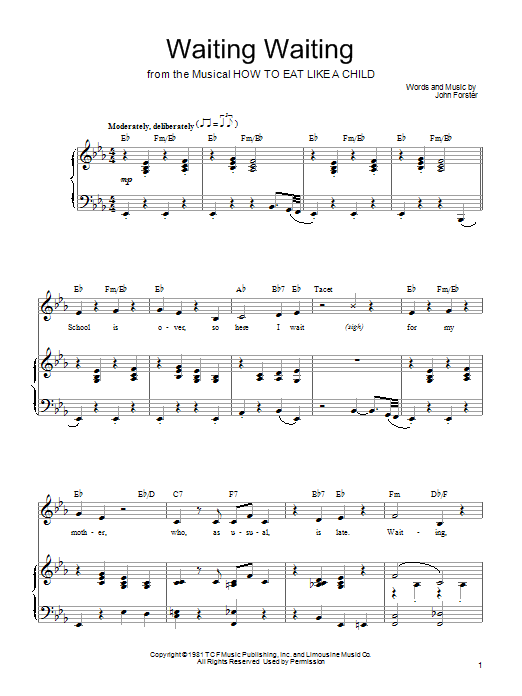 Learn to play Mariann Cook Waiting Waiting sheet music for Piano, Vocal & Guitar Chords (Right-Hand Melody) in minutes. Price: 7.8900$ Mariann Cook Waiting Waiting sheet music notes and chords arranged for Piano, Vocal & Guitar Chords (Right-Hand Melody)