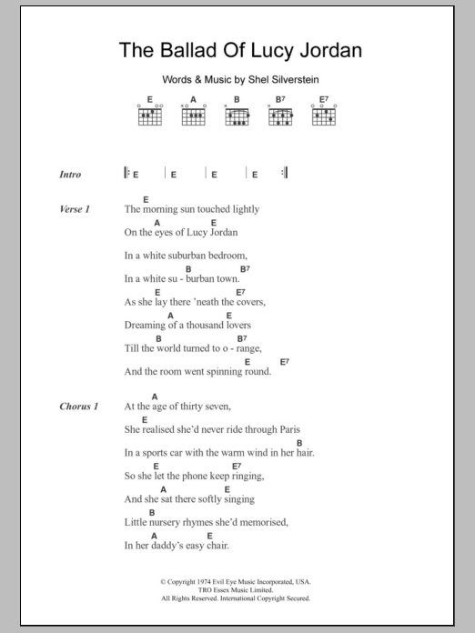 Marianne Faithfull The Ballad Of Lucy Jordan sheet music notes and chords arranged for Guitar Chords/Lyrics