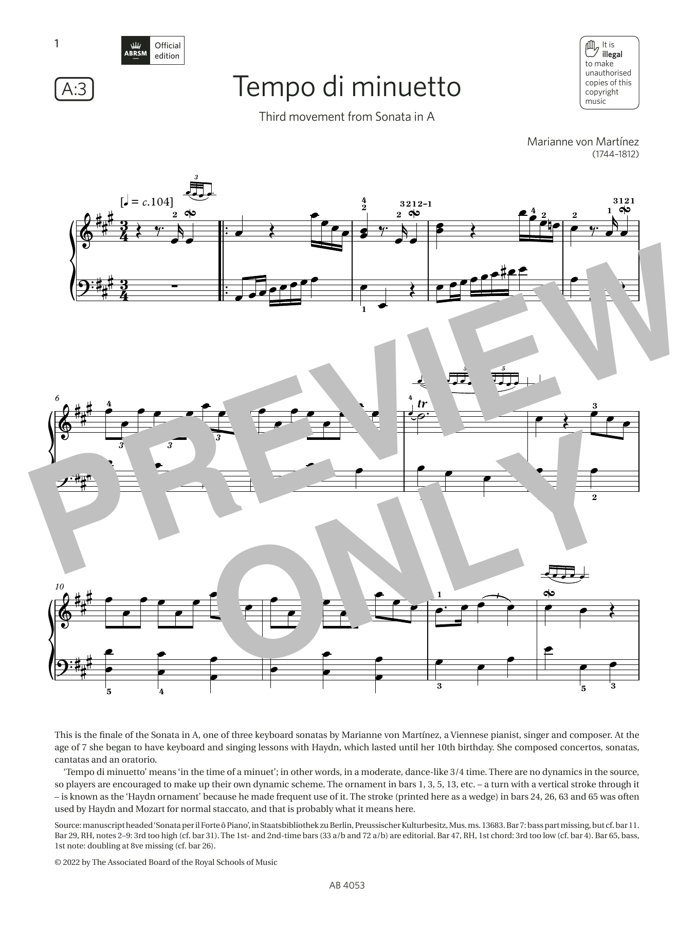 Learn to play Marianne von Martínez Tempo di minuetto (Grade 7, list A3, from the ABRSM Piano Syllabus 2023 & 2024) sheet music for Piano Solo in minutes. Price: 6.7900$ Marianne von Martínez Tempo di minuetto (Grade 7, list A3, from the ABRSM Piano Syllabus 2023 & 2024) sheet music notes and chords arranged for Piano Solo