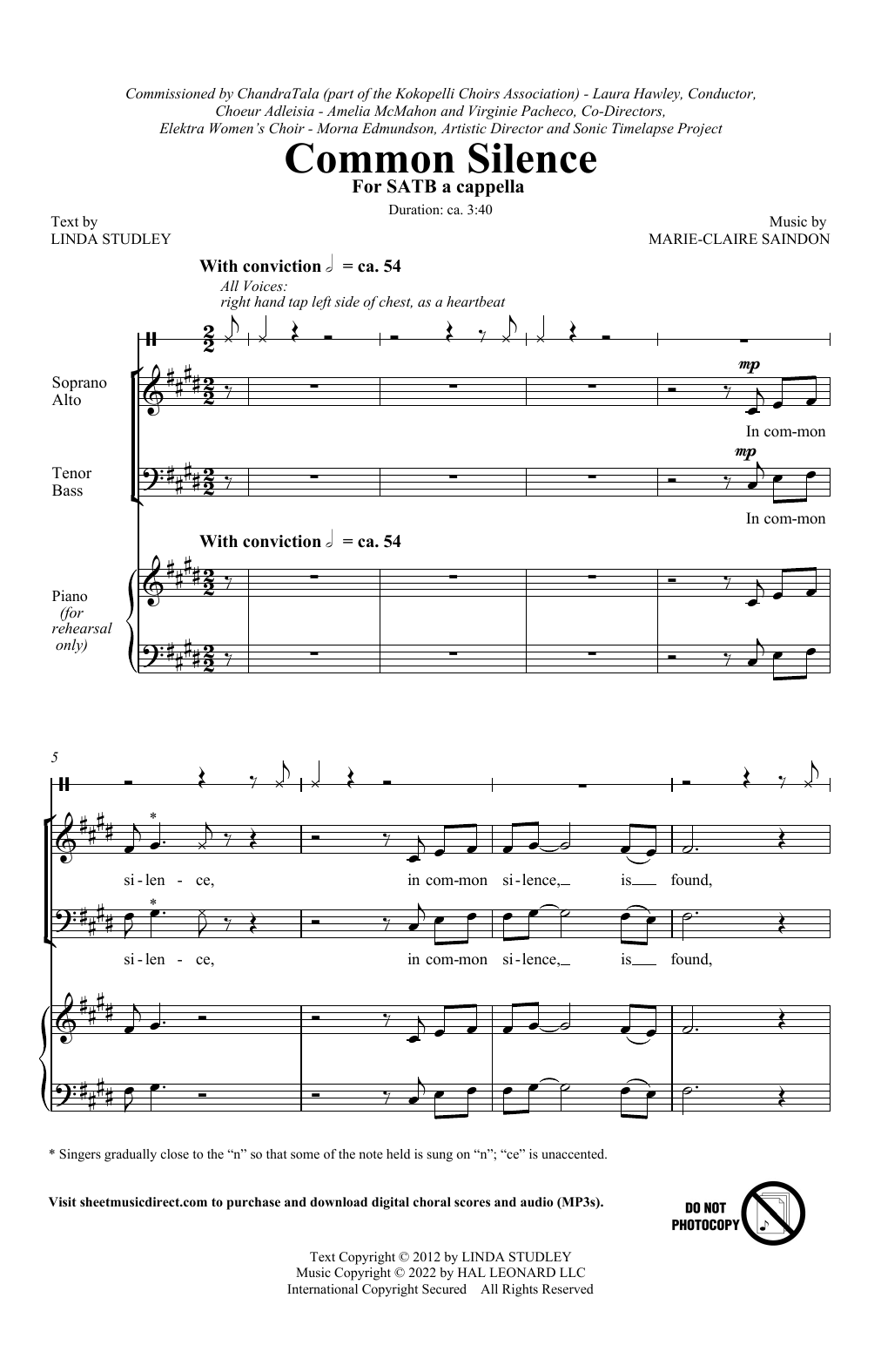 Learn to play Marie-Claire Saindon Common Silence sheet music for SATB Choir in minutes. Price: 3.9900$ Marie-Claire Saindon Common Silence sheet music notes and chords arranged for SATB Choir