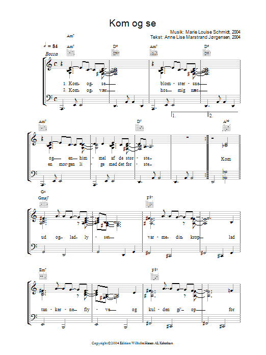 Learn to play Marie Louise Schmidt Kom Og Se sheet music for Piano, Vocal & Guitar Chords in minutes. Price: 7.8900$ Marie Louise Schmidt Kom Og Se sheet music notes and chords arranged for Piano, Vocal & Guitar Chords