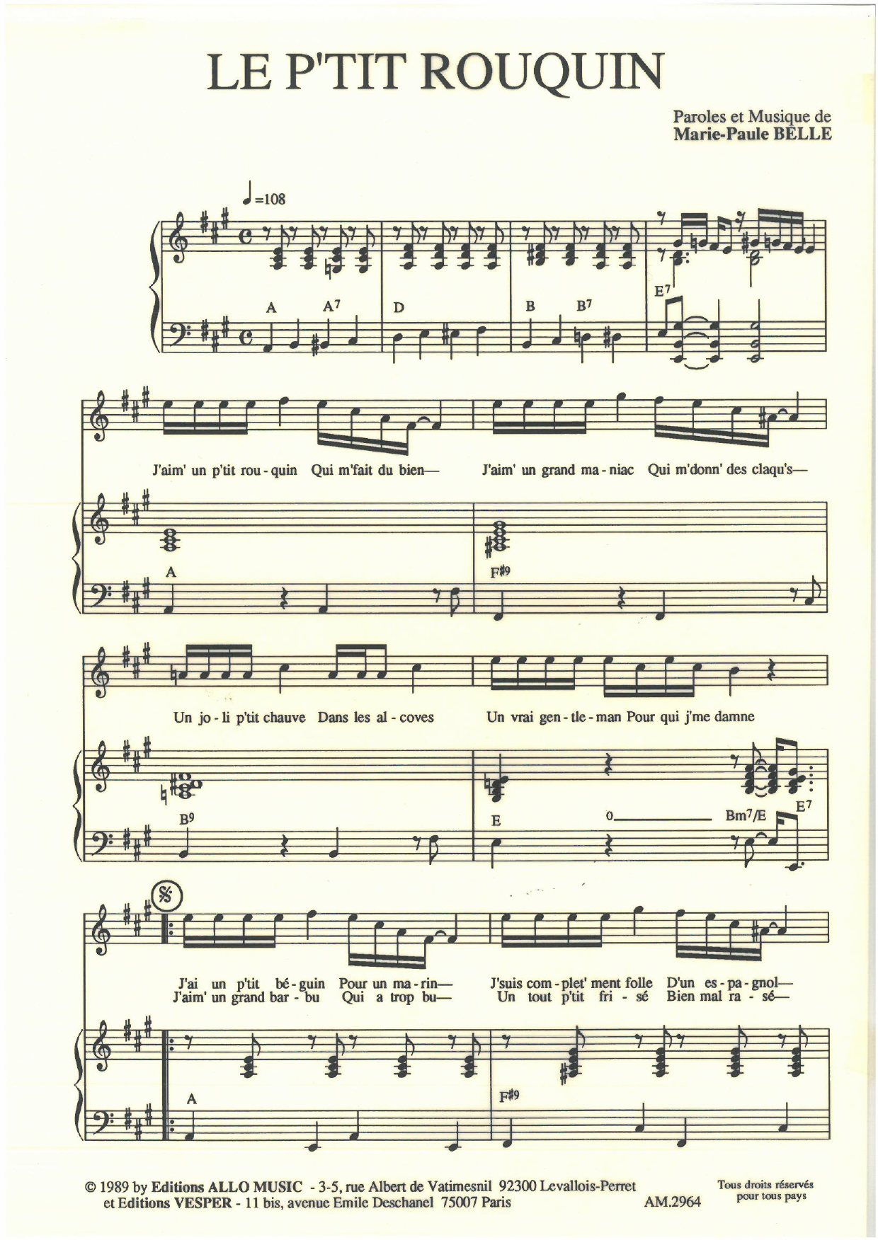 Learn to play Marie Paule Belle Le P'tit Rouquin sheet music for Piano & Vocal in minutes. Price: 7.8900$ Marie Paule Belle Le P'tit Rouquin sheet music notes and chords arranged for Piano & Vocal