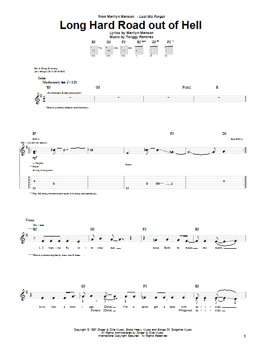 Learn to play Marilyn Manson Long Hard Road Out Of Hell sheet music for Guitar Tab in minutes. Price: 7.8900$ Marilyn Manson Long Hard Road Out Of Hell sheet music notes and chords arranged for Guitar Tab