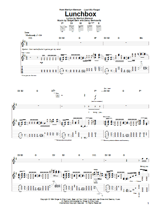 Learn to play Marilyn Manson Lunchbox sheet music for Guitar Tab in minutes. Price: 7.8900$ Marilyn Manson Lunchbox sheet music notes and chords arranged for Guitar Tab