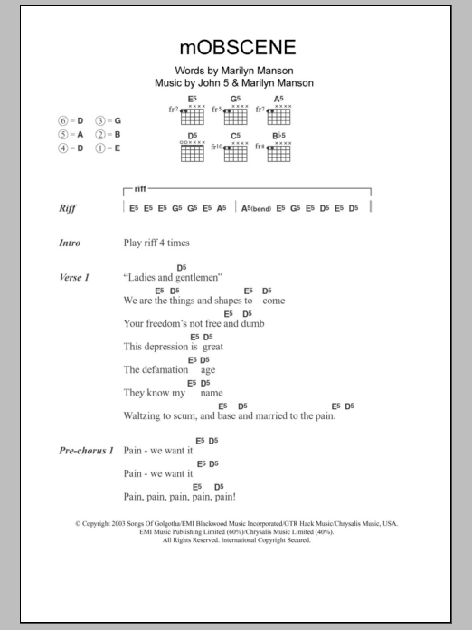 Marilyn Manson mOBSCENE sheet music notes and chords. Download Printable PDF.