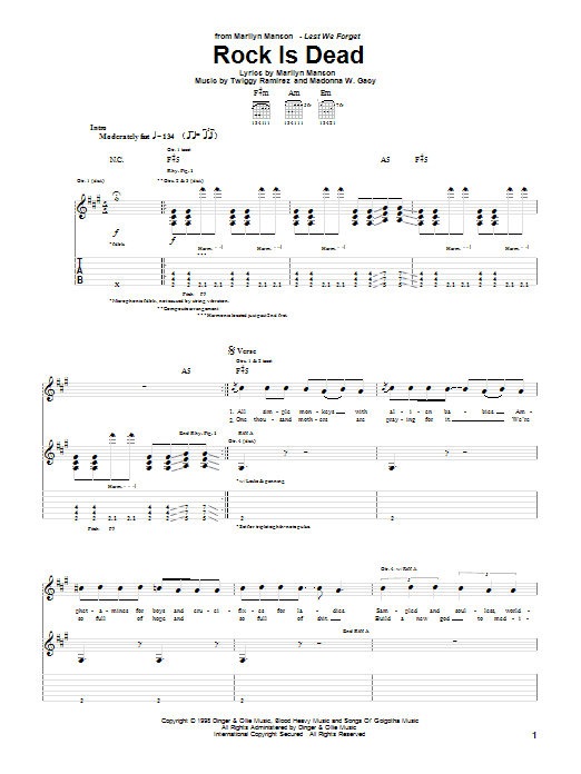 Learn to play Marilyn Manson Rock Is Dead sheet music for Guitar Tab in minutes. Price: 7.8900$ Marilyn Manson Rock Is Dead sheet music notes and chords arranged for Guitar Tab