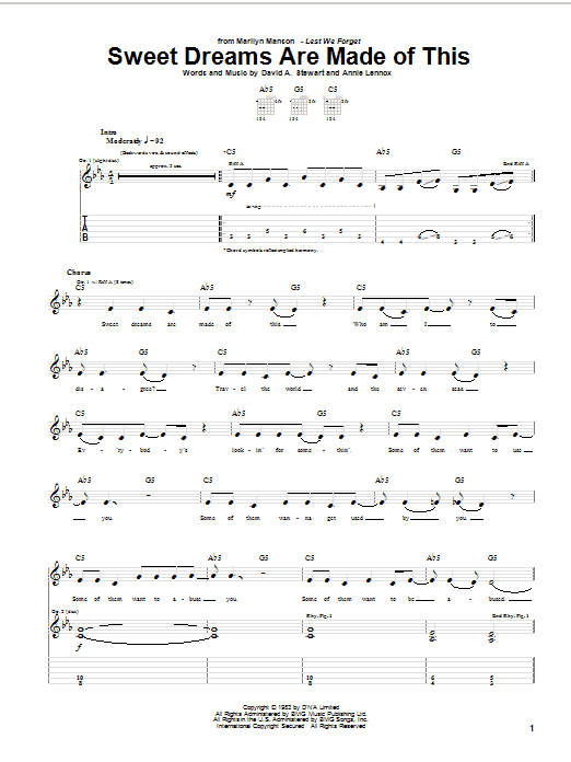 Marilyn Manson Sweet Dreams (Are Made Of This) sheet music notes and chords. Download Printable PDF.