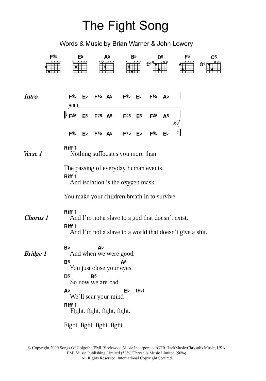 Marilyn Manson The Fight Song sheet music notes and chords. Download Printable PDF.