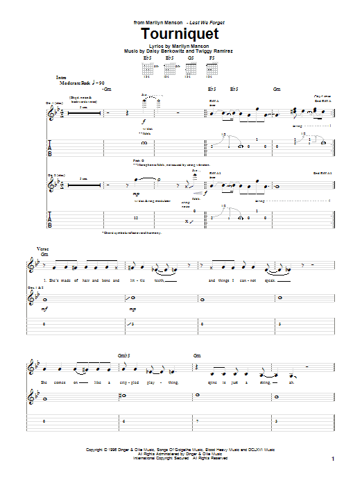 Learn to play Marilyn Manson Tourniquet sheet music for Guitar Tab in minutes. Price: 7.8900$ Marilyn Manson Tourniquet sheet music notes and chords arranged for Guitar Tab