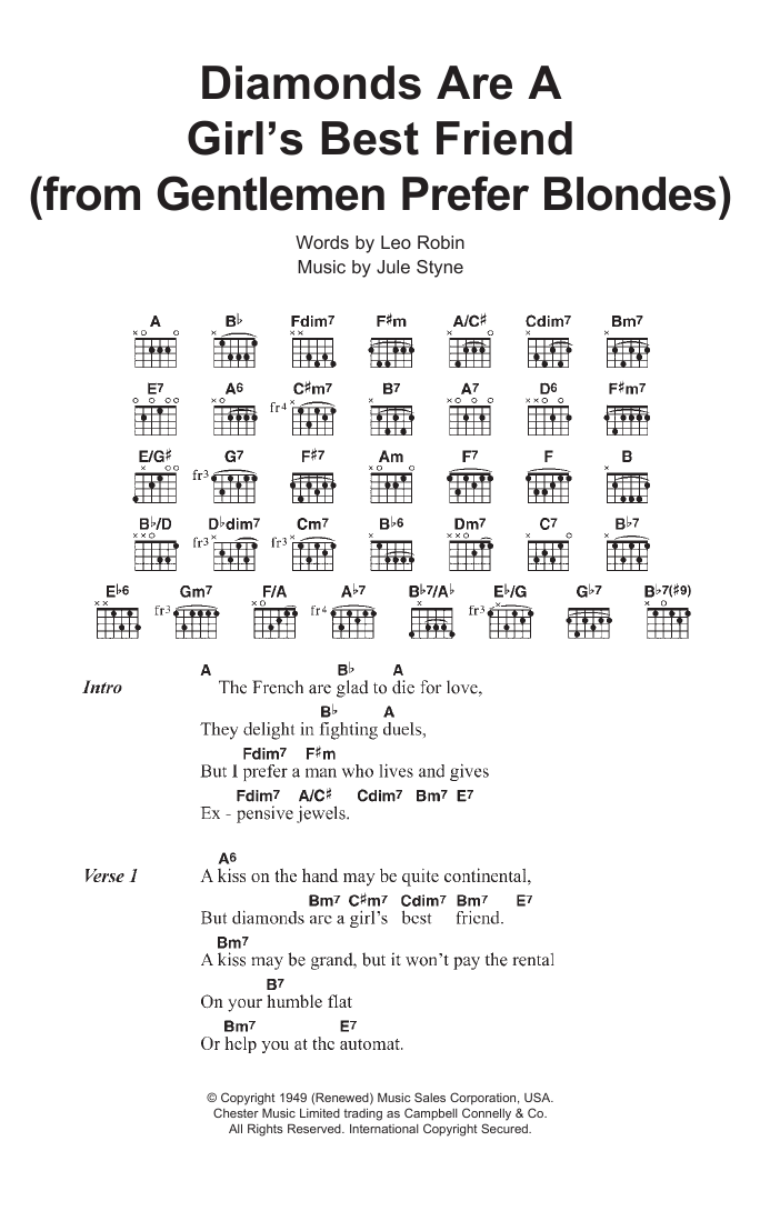 Marilyn Monroe Diamonds Are A Girl's Best Friend (from Gentlemen Prefer Blondes) sheet music notes and chords. Download Printable PDF.