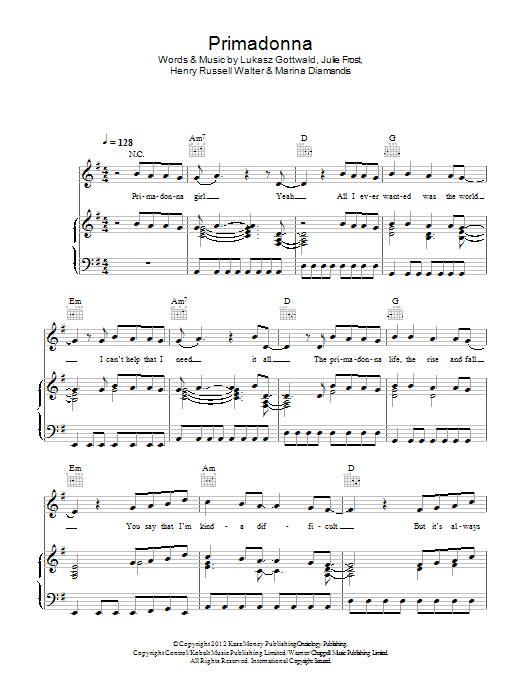 Marina & The Diamonds Primadonna sheet music notes and chords. Download Printable PDF.