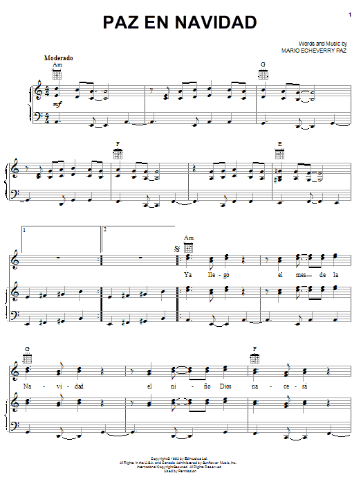 Mario Echeverry Paz Paz En Navidad sheet music notes and chords arranged for Piano, Vocal & Guitar Chords (Right-Hand Melody)