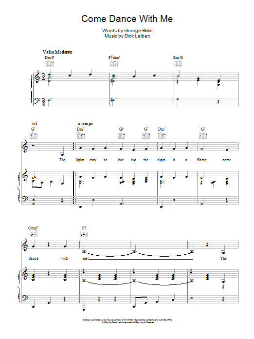 Learn to play Mario Lanza Come Dance With Me sheet music for Piano, Vocal & Guitar Chords in minutes. Price: 7.8900$ Mario Lanza Come Dance With Me sheet music notes and chords arranged for Piano, Vocal & Guitar Chords