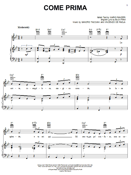 Learn to play Mario Lanza Come Prima sheet music for Piano, Vocal & Guitar Chords (Right-Hand Melody) in minutes. Price: 7.8900$ Mario Lanza Come Prima sheet music notes and chords arranged for Piano, Vocal & Guitar Chords (Right-Hand Melody)