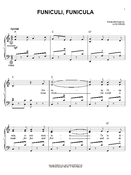 Mario Lanza Funiculi, Funicula sheet music notes and chords. Download Printable PDF.