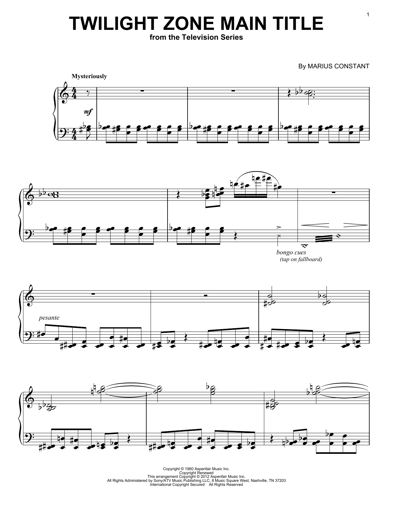 Marius Constant Twilight Zone Main Title sheet music notes and chords. Download Printable PDF.