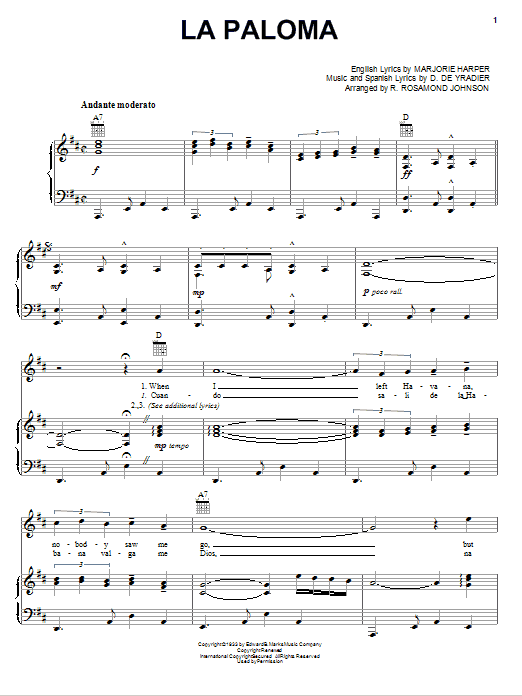 Marjorie Harper La Paloma sheet music notes and chords. Download Printable PDF.