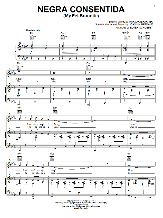 Learn to play Marjorie Harper Negra Consentida (My Pet Brunette) sheet music for Real Book – Melody & Chords in minutes. Price: 5.9900$ Marjorie Harper Negra Consentida (My Pet Brunette) sheet music notes and chords arranged for Real Book – Melody & Chords