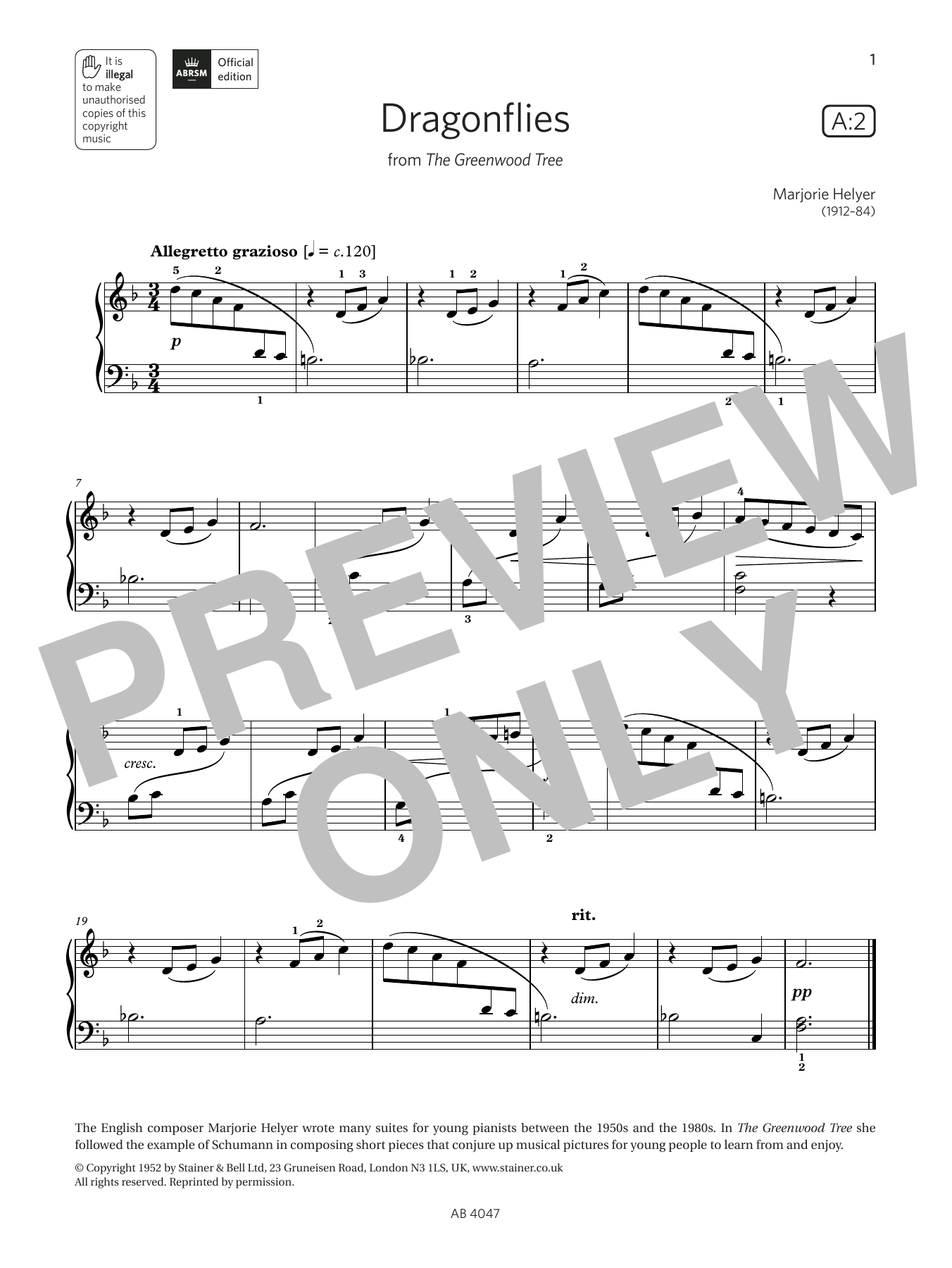 Marjorie Helyer Dragonflies (Grade 1, list A2, from the ABRSM Piano Syllabus 2023 & 2024) sheet music notes and chords. Download Printable PDF.