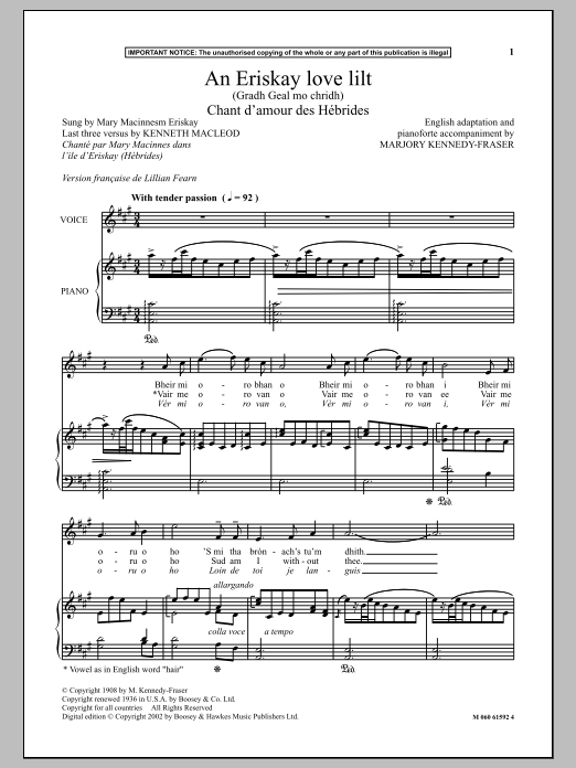 Learn to play Marjory Kennedy-Fraser An Eriskay Love Lilt (Gradh Geal Mo Chridh) - Chant D Amour Des Hebrides sheet music for Piano & Vocal in minutes. Price: 7.8900$ Marjory Kennedy-Fraser An Eriskay Love Lilt (Gradh Geal Mo Chridh) - Chant D Amour Des Hebrides sheet music notes and chords arranged for Piano & Vocal