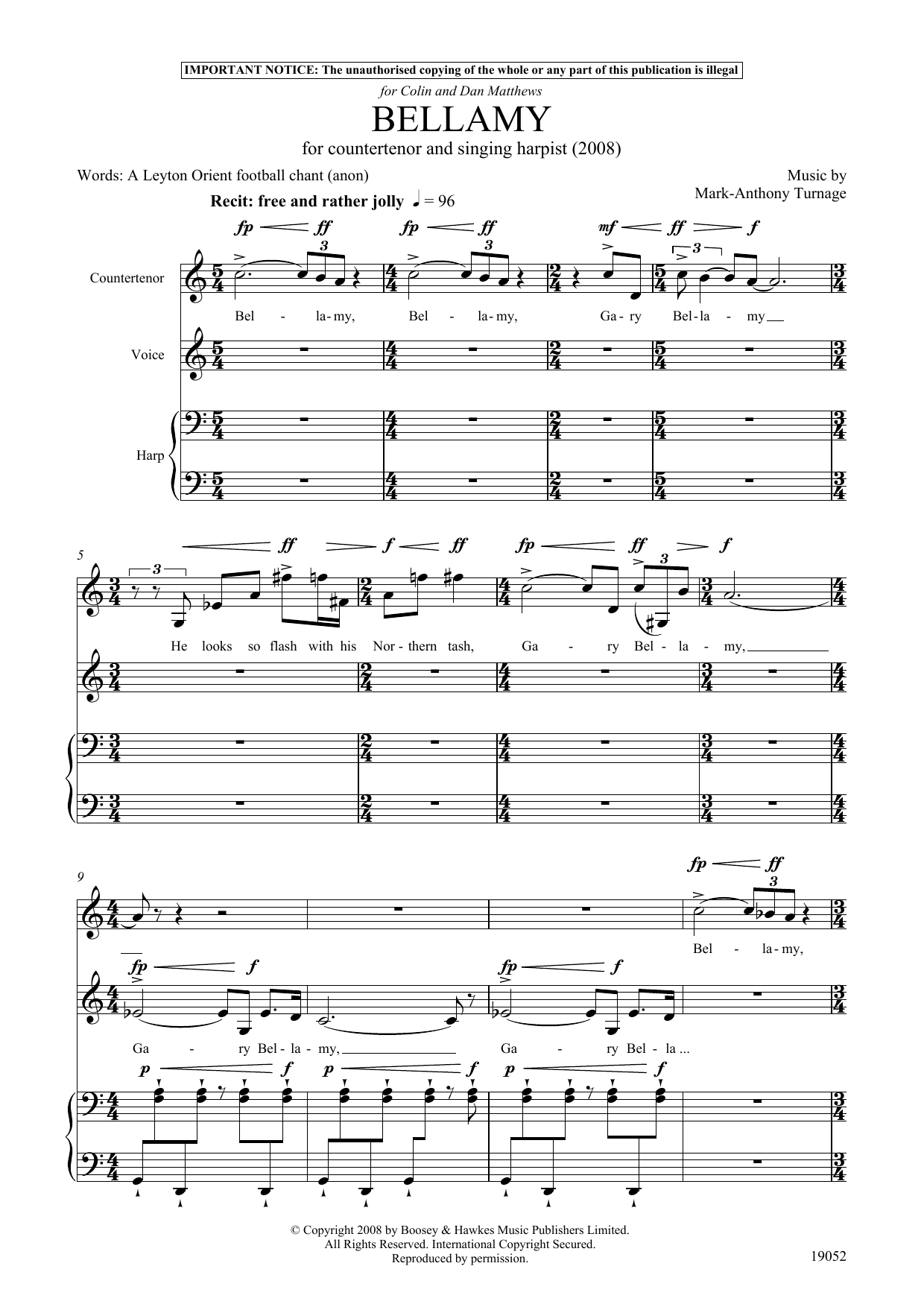 Mark-Anthony Turnage Bellamy (for counter-tenor, tenor & harp) sheet music notes and chords arranged for Piano & Vocal