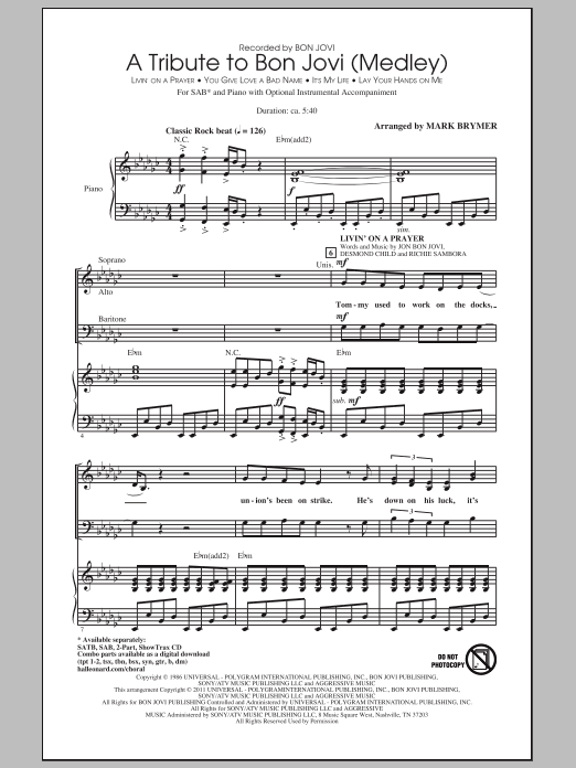 Mark Brymer A Tribute To Bon Jovi (Medley) sheet music notes and chords. Download Printable PDF.