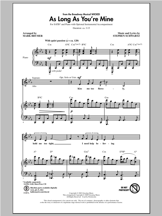 Mark Brymer As Long As You're Mine (from Wicked) sheet music notes and chords arranged for SATB Choir