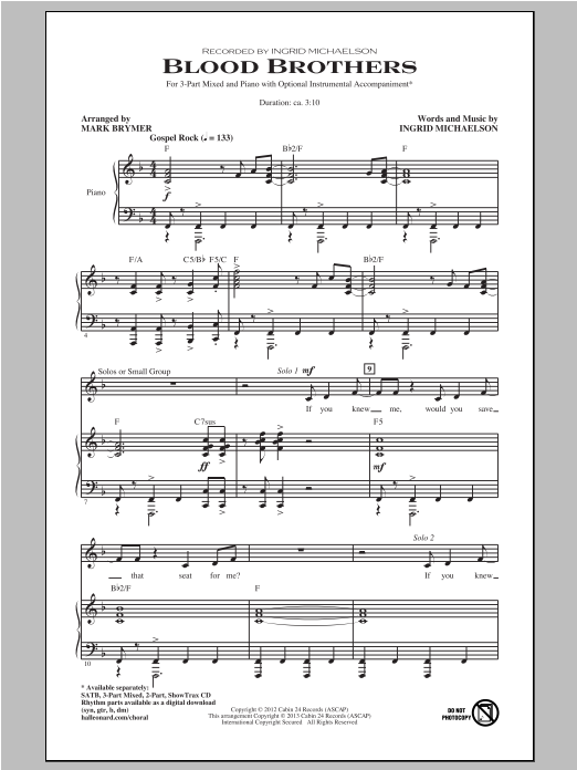 Ingrid Michaelson Blood Brothers (arr. Mark Brymer) sheet music notes and chords. Download Printable PDF.