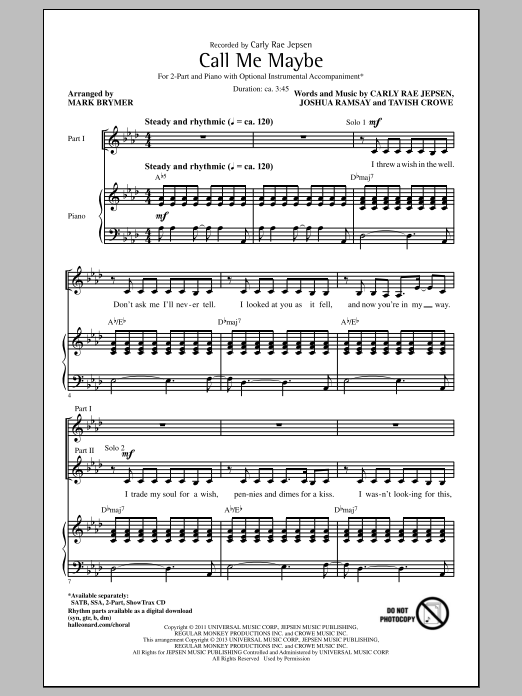 Mark Brymer Call Me Maybe sheet music notes and chords. Download Printable PDF.