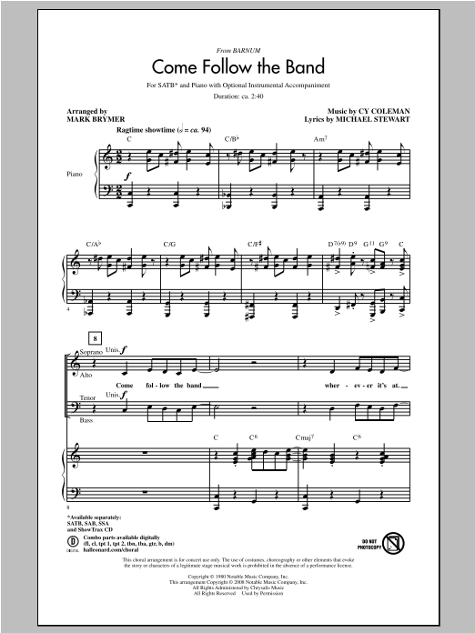 Cy Coleman Come Follow The Band (arr. Mark Brymer) sheet music notes and chords. Download Printable PDF.