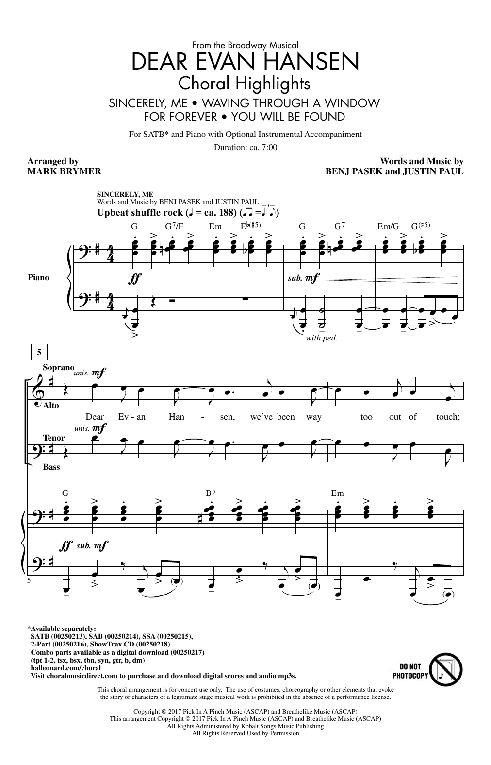 Mark Brymer Dear Evan Hansen (Choral Highlights) sheet music notes and chords. Download Printable PDF.