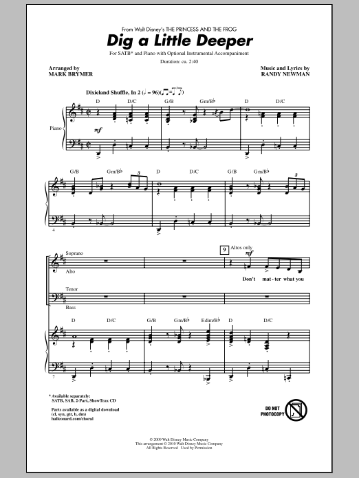 Mark Brymer Dig A Little Deeper (from The Princess And The Frog) sheet music notes and chords. Download Printable PDF.