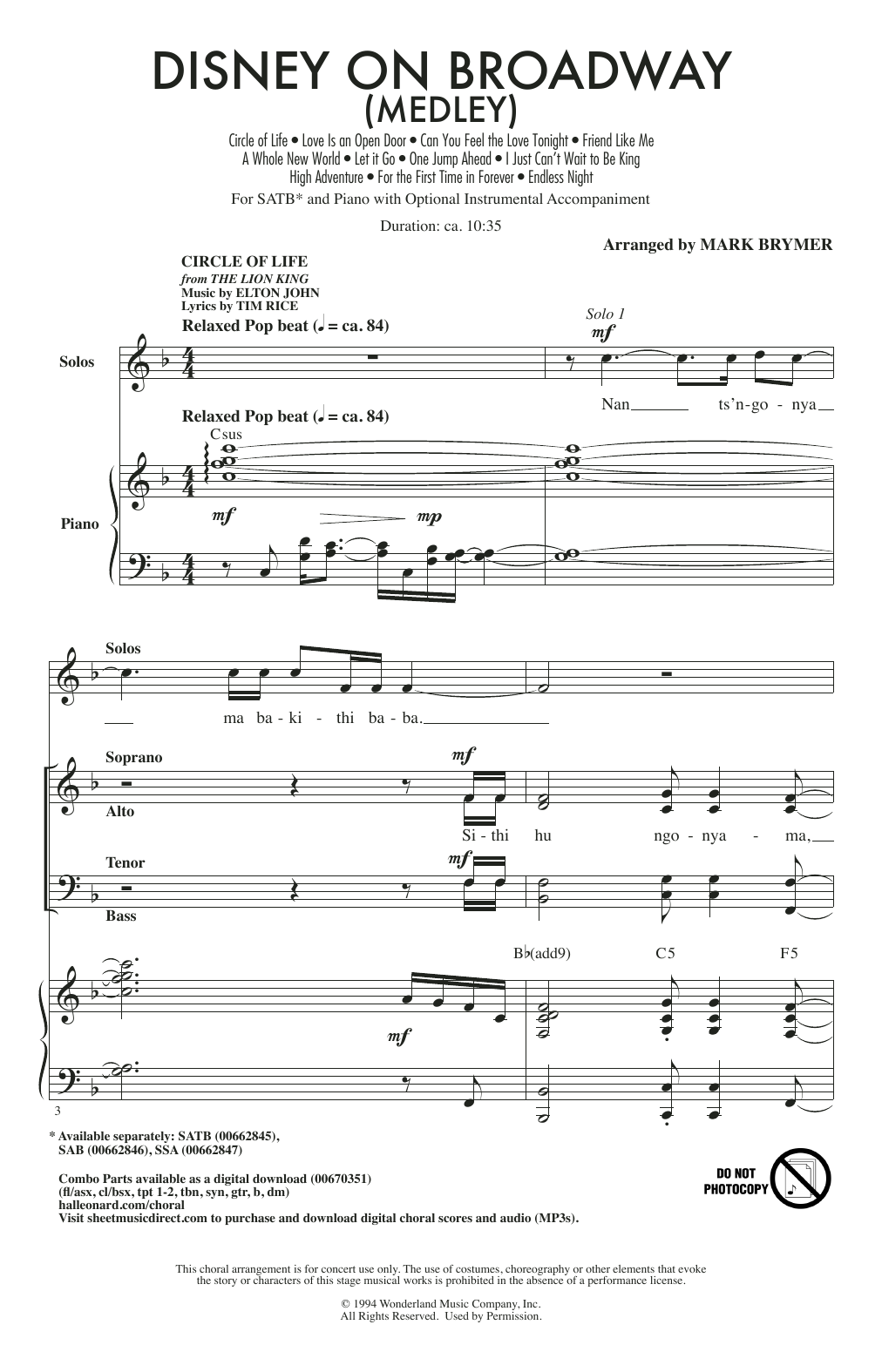 Mark Brymer Disney On Broadway (Medley) sheet music notes and chords. Download Printable PDF.