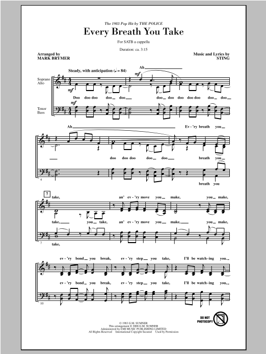 Mark Brymer Every Breath You Take sheet music notes and chords arranged for SATB Choir