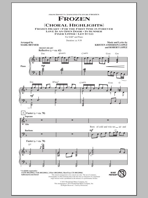 Robert Lopez Frozen (Choral Highlights) (arr. Mark Brymer) sheet music notes and chords. Download Printable PDF.