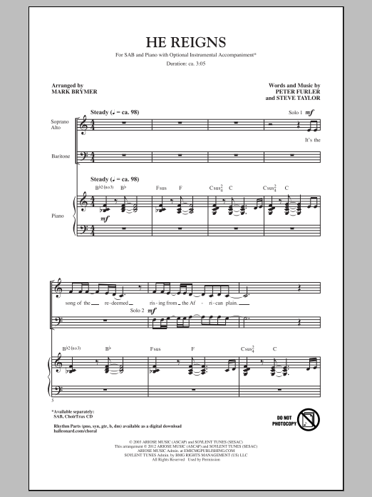 Learn to play Newsboys He Reigns (arr. Mark Brymer) sheet music for SAB Choir in minutes. Price: 3.9900$ Newsboys He Reigns (arr. Mark Brymer) sheet music notes and chords arranged for SAB Choir