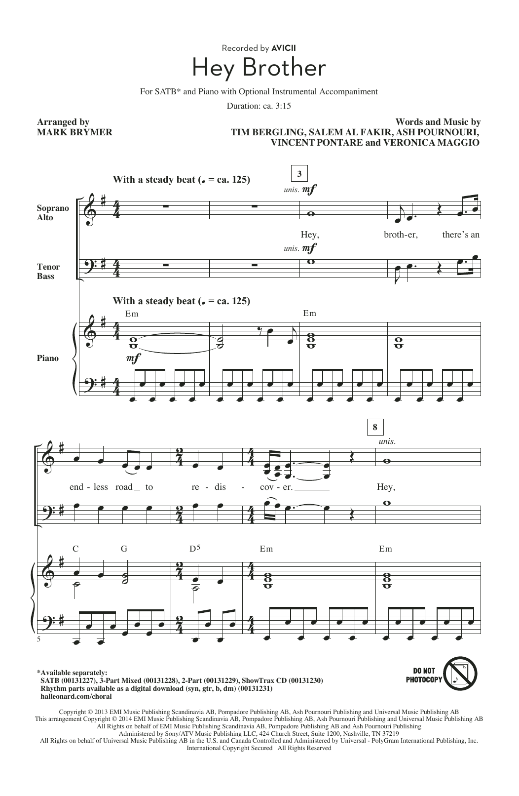 Avicii Hey Brother (arr. Mark Brymer) sheet music notes and chords. Download Printable PDF.