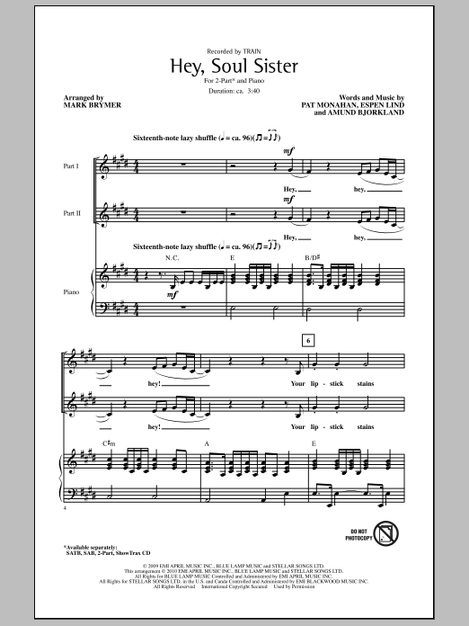 Mark Brymer Hey, Soul Sister sheet music notes and chords arranged for 2-Part Choir