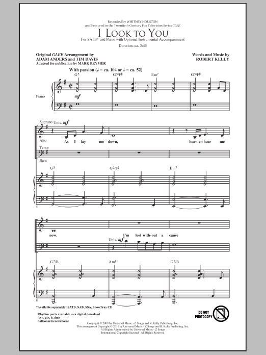 Whitney Houston I Look To You (arr. Mark Brymer) sheet music notes and chords. Download Printable PDF.