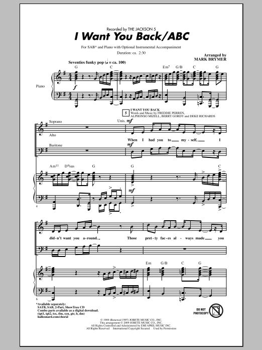 Learn to play Mark Brymer I Want You Back / ABC sheet music for SAB Choir in minutes. Price: 3.9900$ Mark Brymer I Want You Back / ABC sheet music notes and chords arranged for SAB Choir