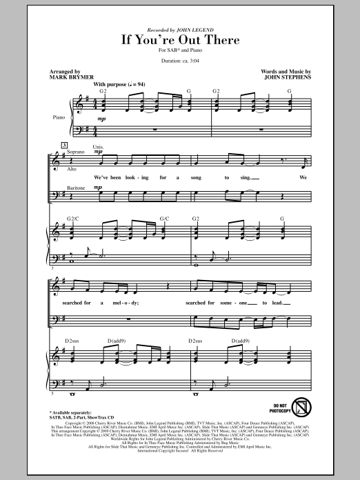 Mark Brymer If You're Out There sheet music notes and chords arranged for SAB Choir