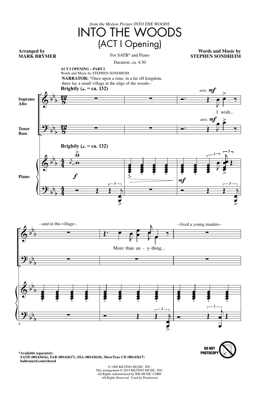Learn to play Stephen Sondheim Into The Woods (Act I Opening) - Part I (arr. Mark Brymer) sheet music for SAB Choir in minutes. Price: 3.9900$ Stephen Sondheim Into The Woods (Act I Opening) - Part I (arr. Mark Brymer) sheet music notes and chords arranged for SAB Choir