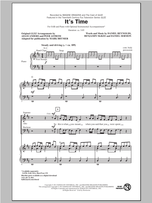 Mark Brymer It's Time sheet music notes and chords. Download Printable PDF.