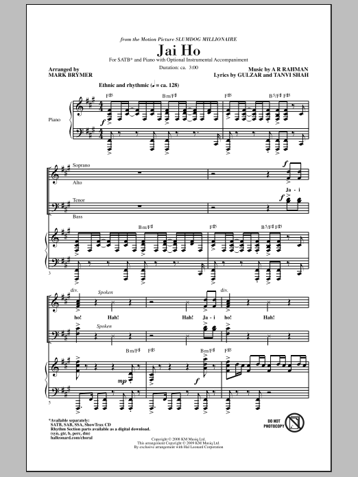 Mark Brymer Jai Ho (from The Motion Picture Slumdog Millionaire) sheet music notes and chords. Download Printable PDF.