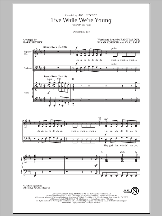 One Direction Live While We're Young (arr. Mark Brymer) sheet music notes and chords. Download Printable PDF.